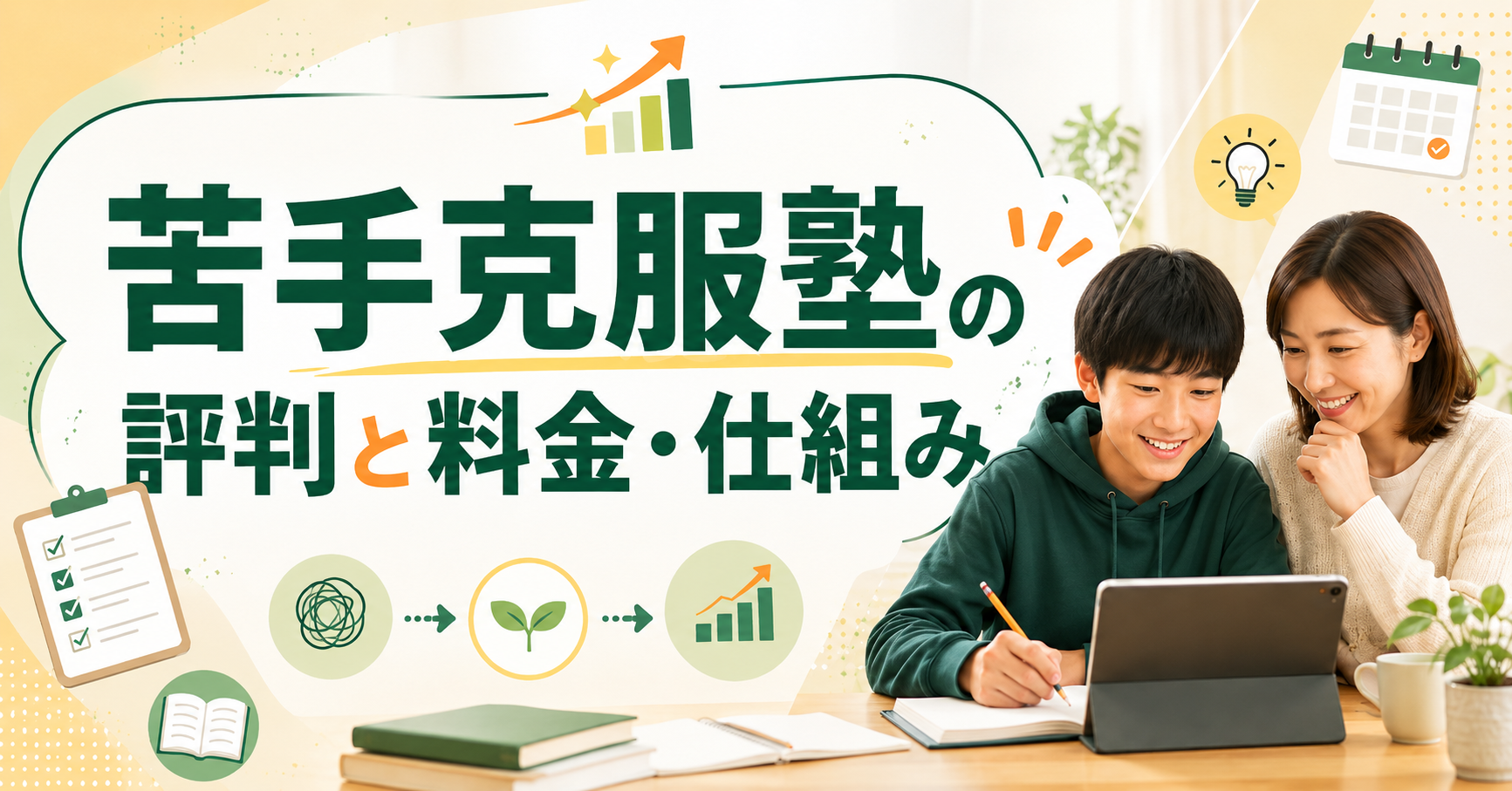 苦手克服塾の料金プランと評判を比較検討するノートとタブレットのイメージ